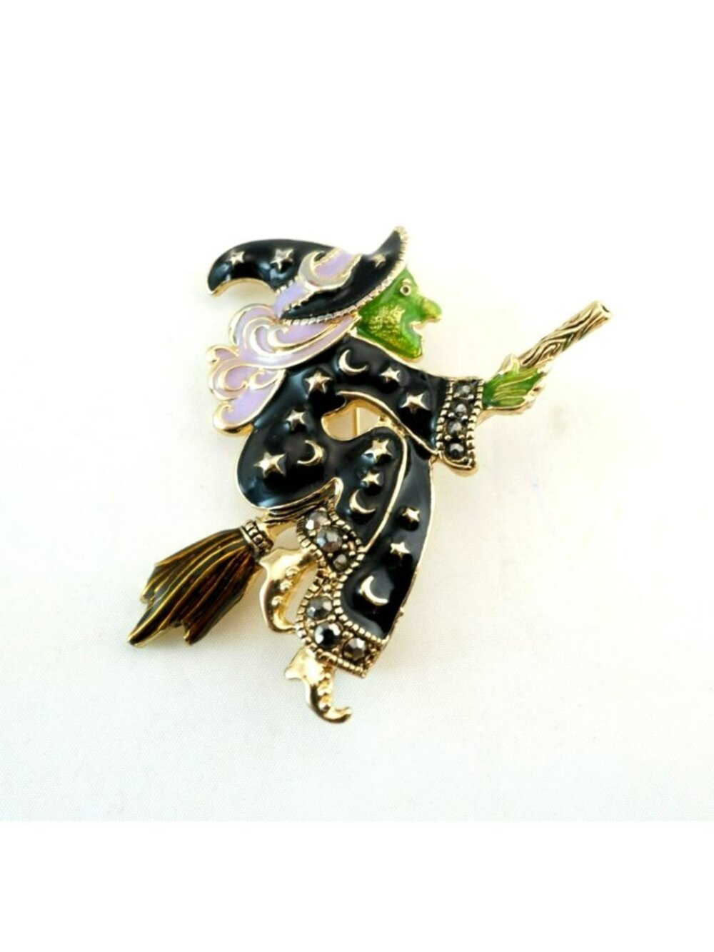 Vintage Napier Witch Flying On Broomstick Enamel Rhinestone Brooch Halloween Pin